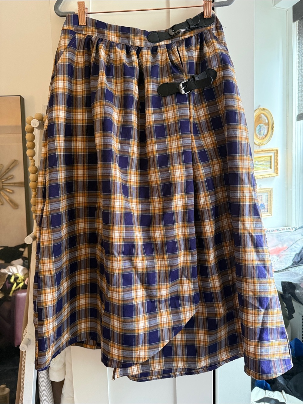 With Love Alice’s Pig Plaid A-Line Midi Skirt purple and Mustard